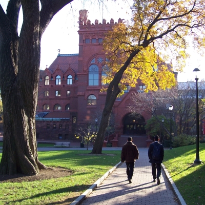 two men walking towards Fisher Fine Arts Library at the University of Pennsylvania