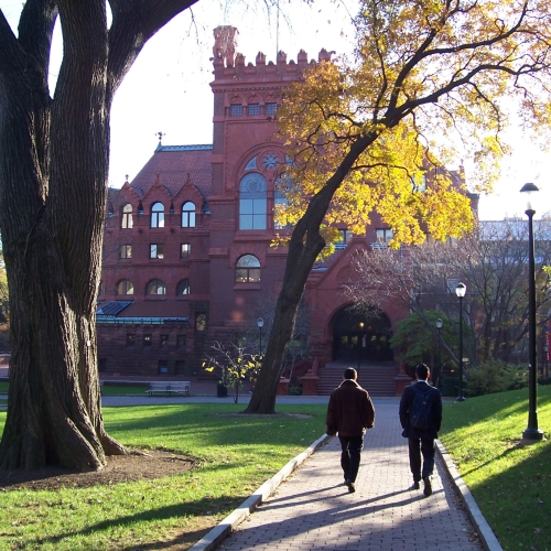 two men walking towards Fisher Fine Arts Library at the University of Pennsylvania